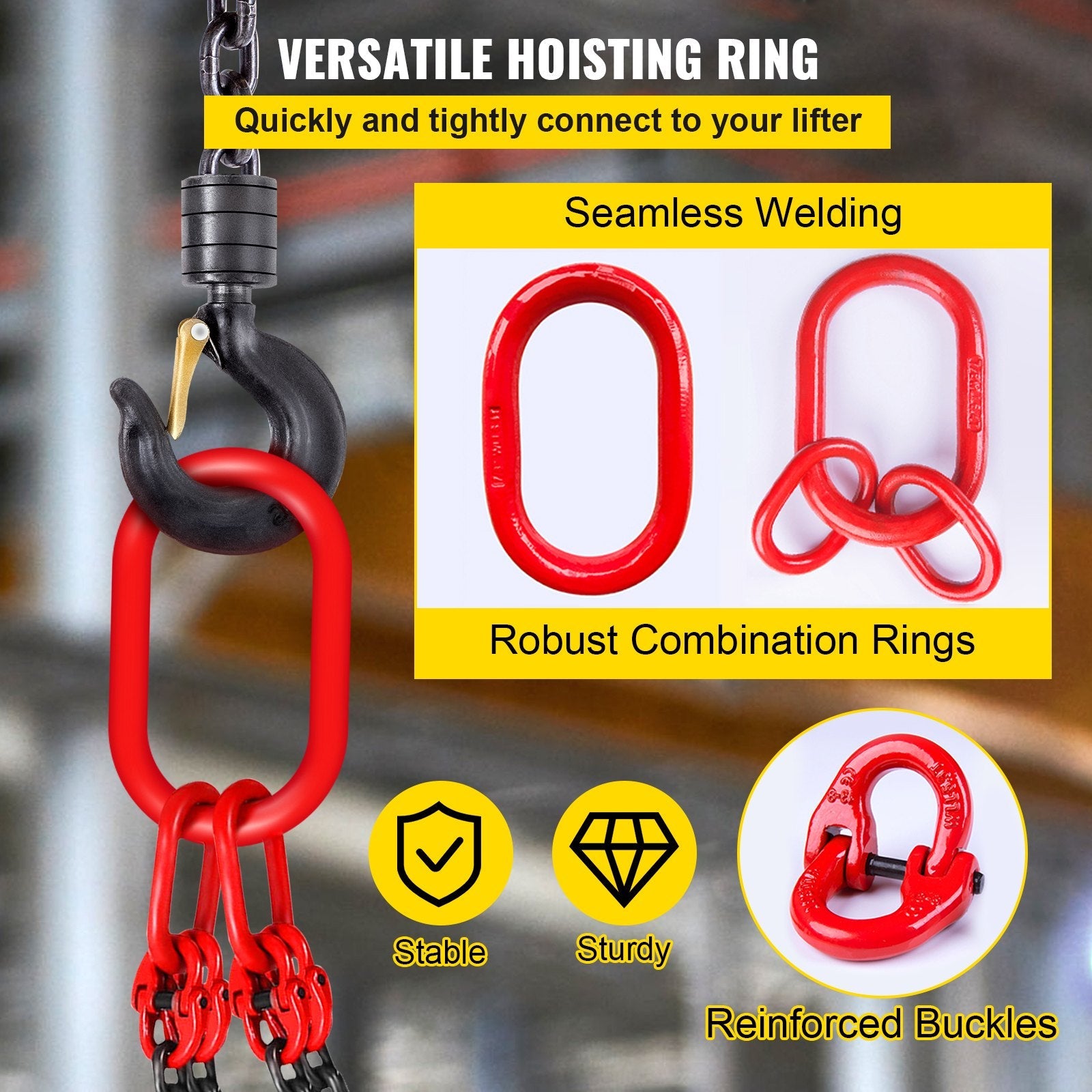 VEVOR 10FT Chain Sling 5/16 Inch X 10 FT Engine Lift Chain G80 Alloy Steel Engine Chain Hoist Lifts 3 Ton with 4 Leg Grab Hooks and Adjuster Used in Mining, Machinery, Ports, Building
