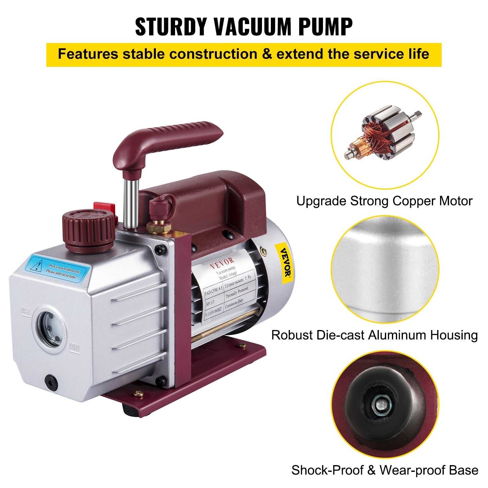 VEVOR 4.5CFM 1-3HP Vacuum Pump 110V 2 Meter Valve 1 Stage 5PA Ultimate Air Conditioning Refrigerant Vacuum Pump for HVAC Auto AC Refrigerant Rechar
