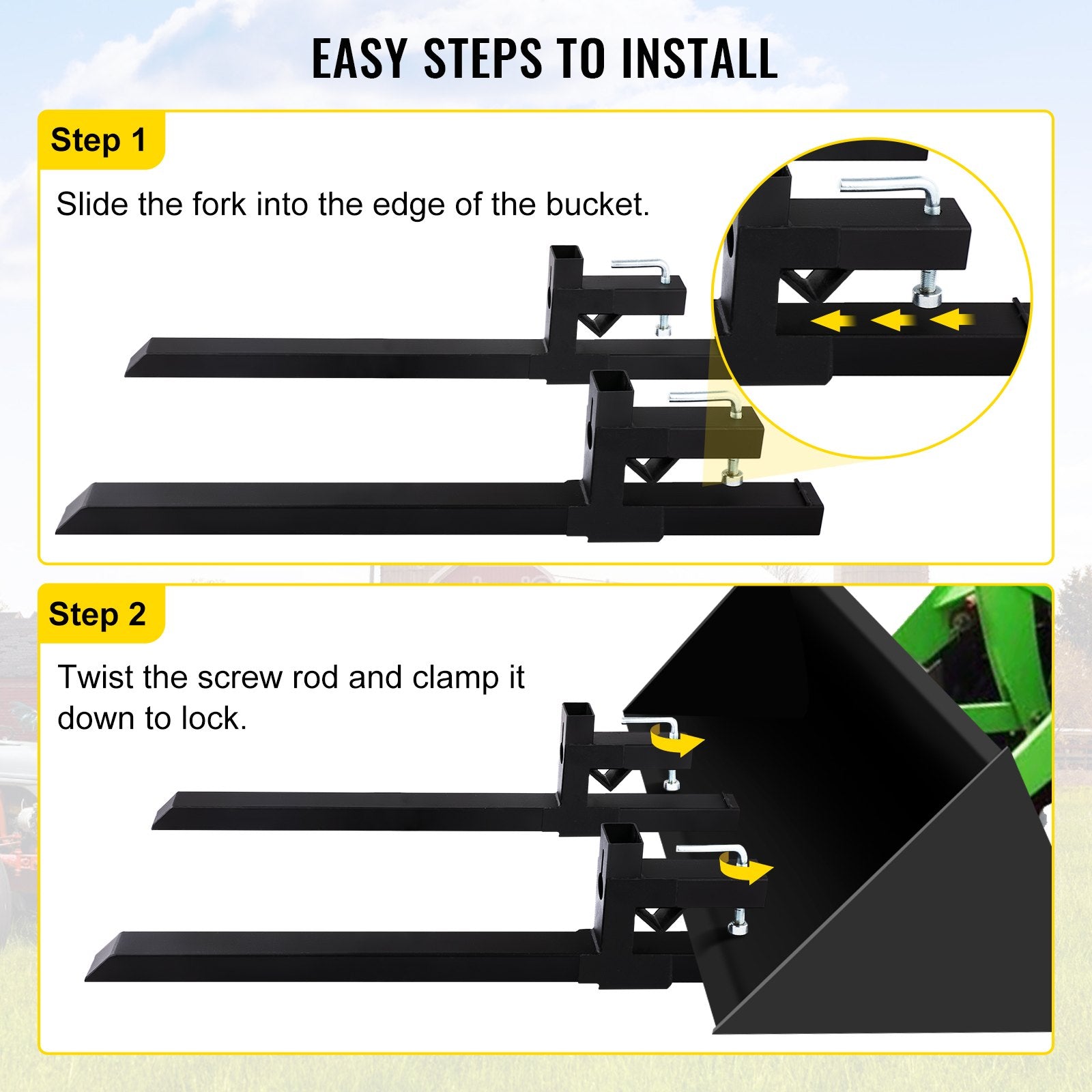 VEVOR Pallet Forks 42.9" 4000 Lbs Max, Clamp On Tractor Bucket Forks 58.7" Total Length, Heavy Duty Front Loader Forks, Fork Attachment for Skid Steer,Loader Bucket