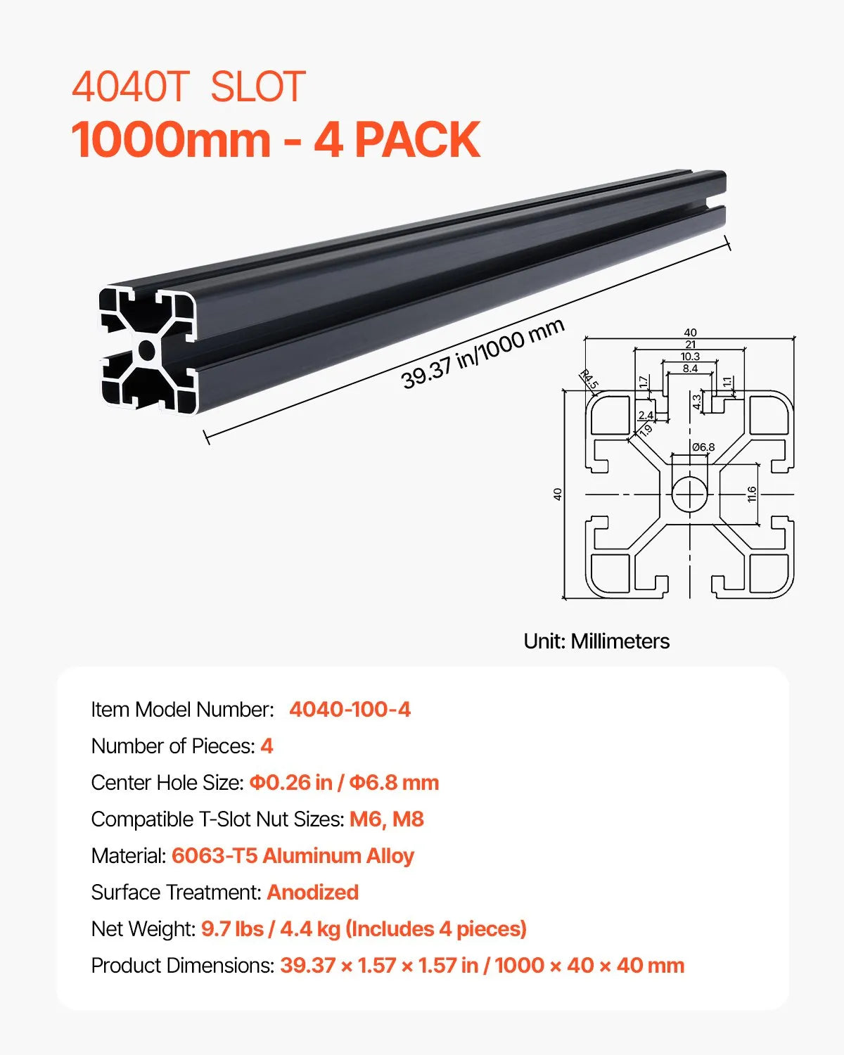 VEVOR 4PCS 4040 Aluminum Extrusion Profile 39.4" (1000mm) T-Slot Linear Rails, European Standard Anodized 6063-T5 Aluminum for CNC Machines, 3D Printers, Laser Engravers & DIY Projects - Black