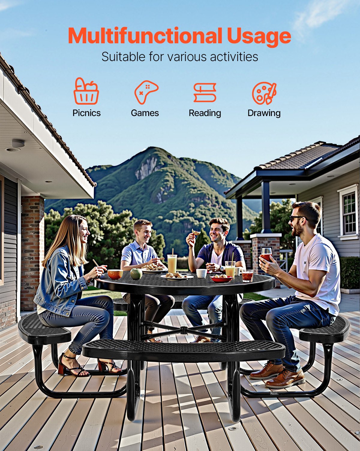 VEVOR Picnic Table Weather Resistant Steel Patio Dining Furniture Set Outdoor