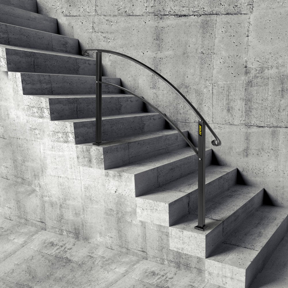 VEVOR 4-Step Handrail Fits 1 or 4 Steps Matte Black Stair Rail Wrought Iron Handrail with Installation Kit Hand Rails for Outdoor Steps