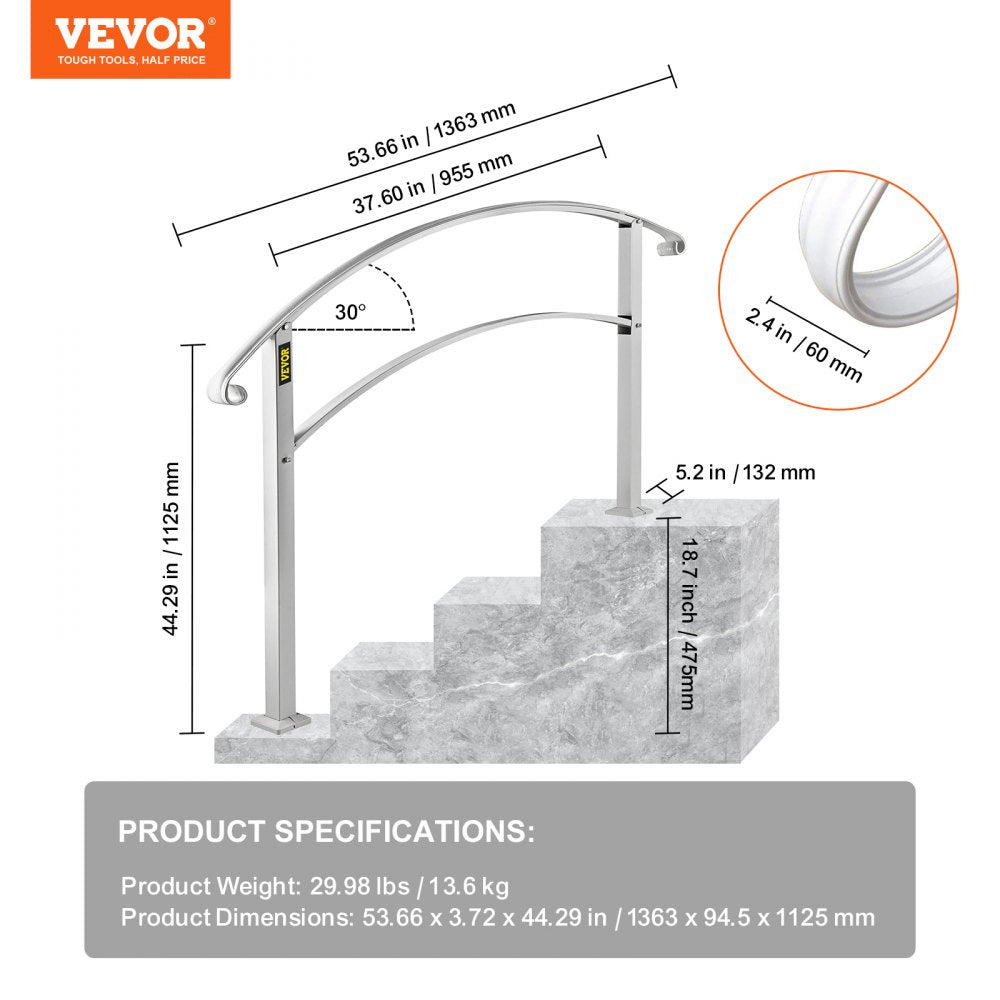 VEVOR Handrails for Outdoor Steps, Fit 1 or 4 Steps Outdoor Stair Railing, White Wrought Iron Handrail, Flexible Front Porch Hand Rail, Transitional Handrails for Concrete Steps or Wooden Stairs