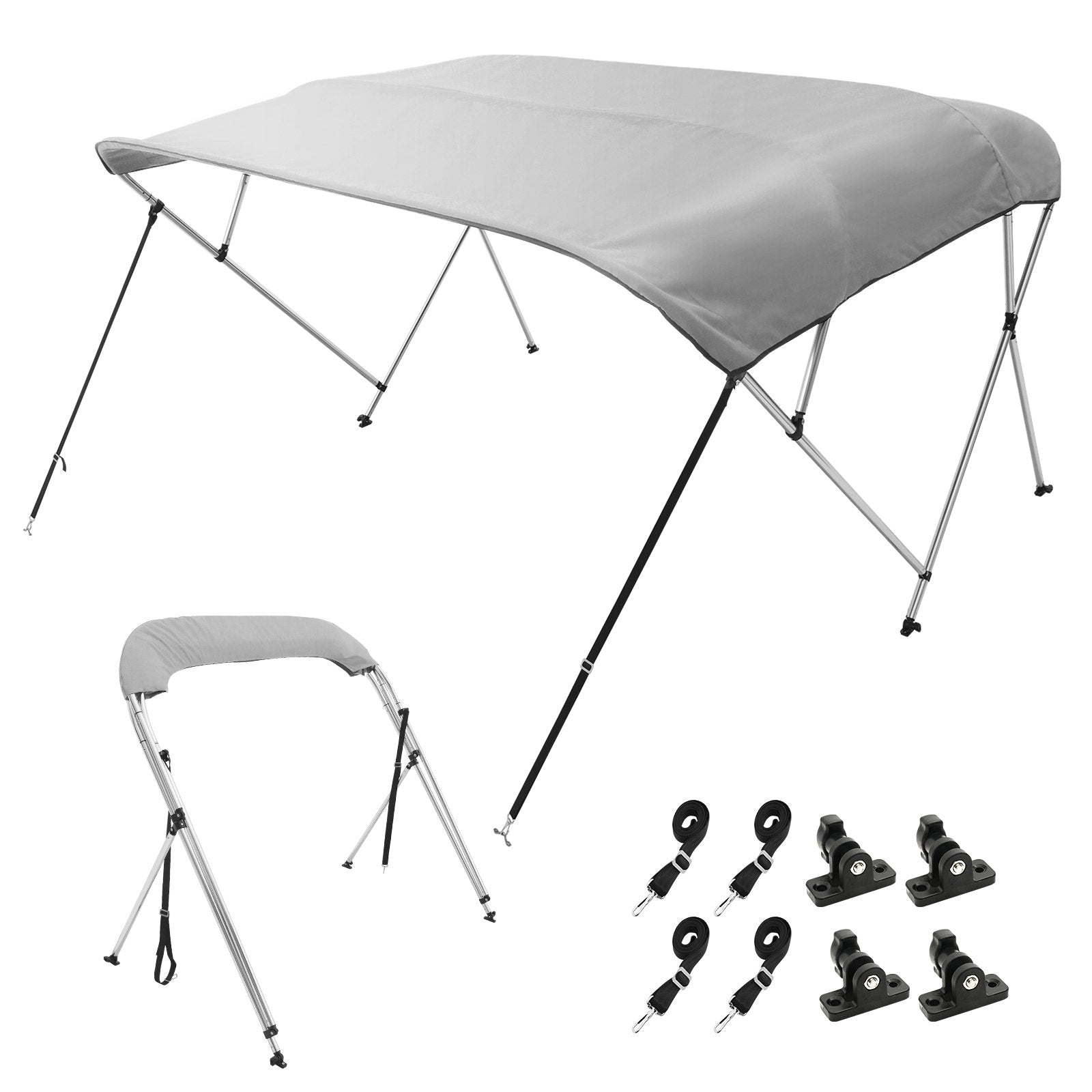 VEVOR 4 Bow Bimini Top Boat Cover, 900D Polyester Canopy with 1" Aluminum Alloy Frame, Waterproof and Sun Shade, Includes Storage Boot, 2 Support Poles, 4 Straps, 8'L x 54"H x 91"-96"W, Light Grey