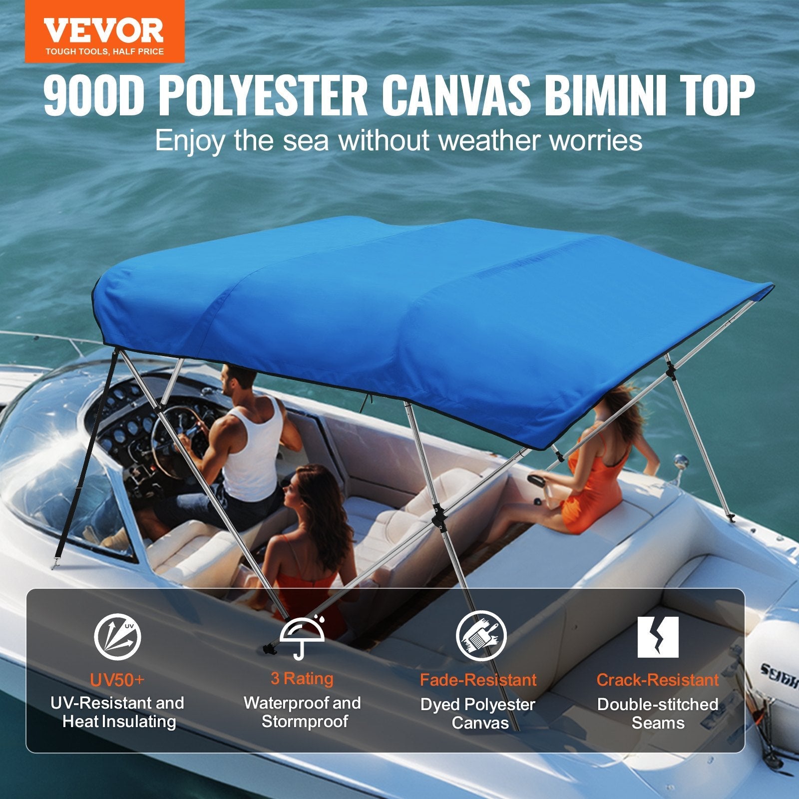 VEVOR 4 Bow Bimini Top Boat Cover, 900D Polyester Canopy with 1" Aluminum Alloy Frame, Waterproof and Sun Shade, Includes Storage Boot, 2 Support Poles, 4 Straps, 8'L x 54"H x 91"-96"W, Pacific Blue