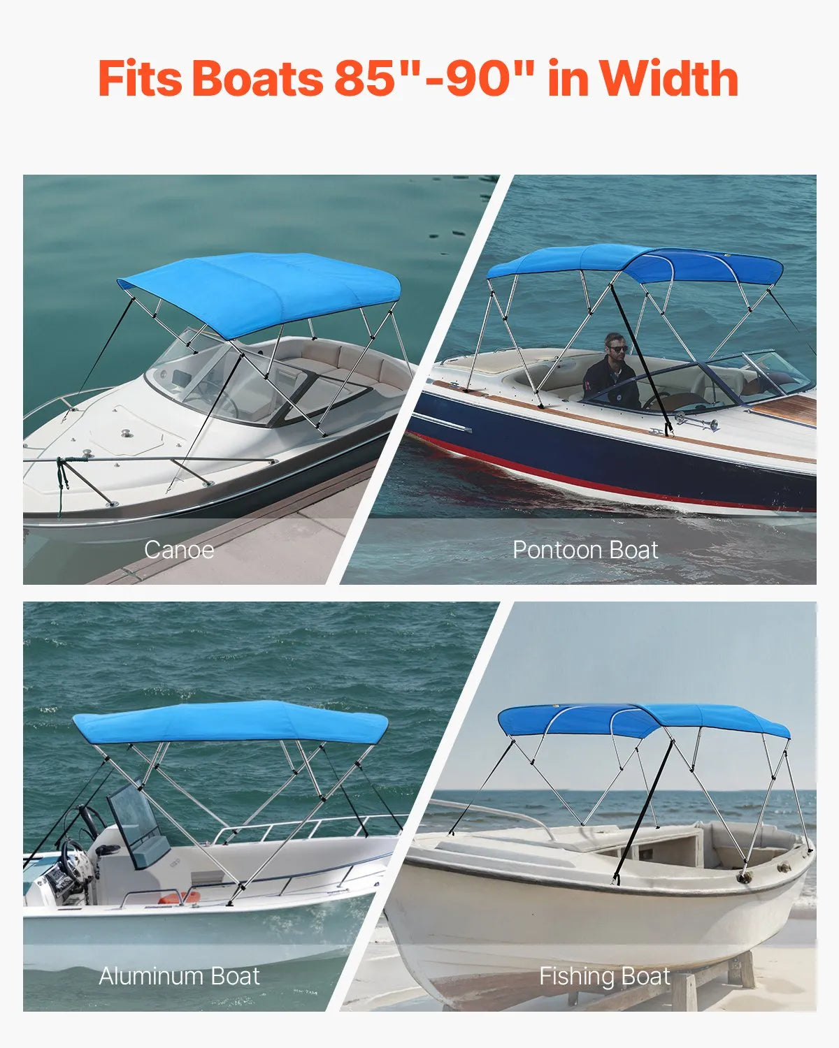 4 Bow Boat Bimini Top 96" L x 85"-90" W x 54" H, 600D Waterproof Canopy with Aluminum Frame, Pacific Blue