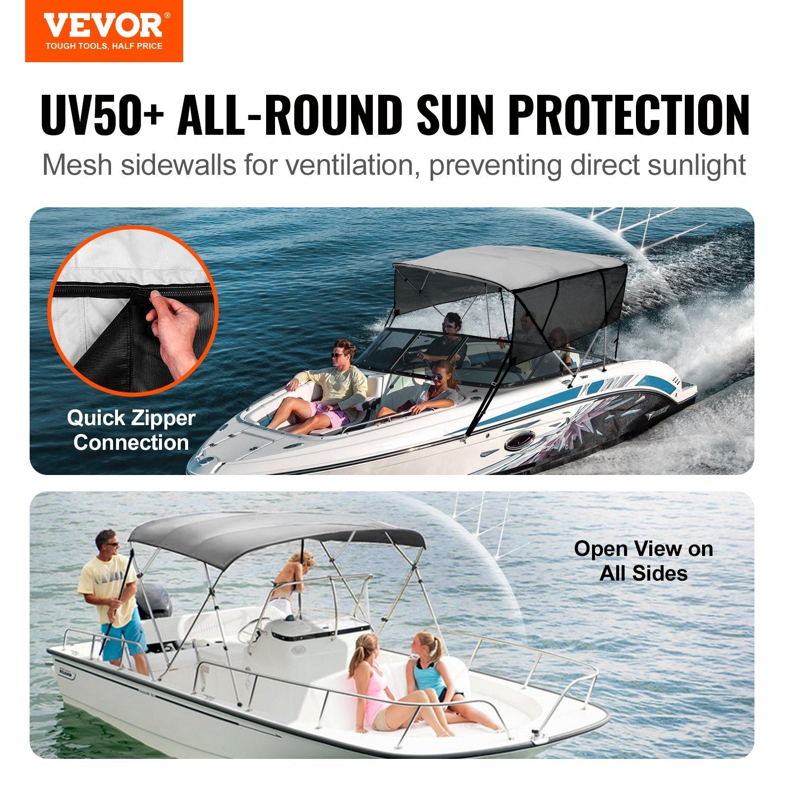 VEVOR 4 Bow Bimini Top Boat Cover, Detachable Mesh Sidewalls, 600D Polyester Canopy with 1" Aluminum Alloy Frame, Includes Storage Boot, 2 Support Poles, 2 Straps, 8'L x 54"H x 85"-90"W, Light Grey