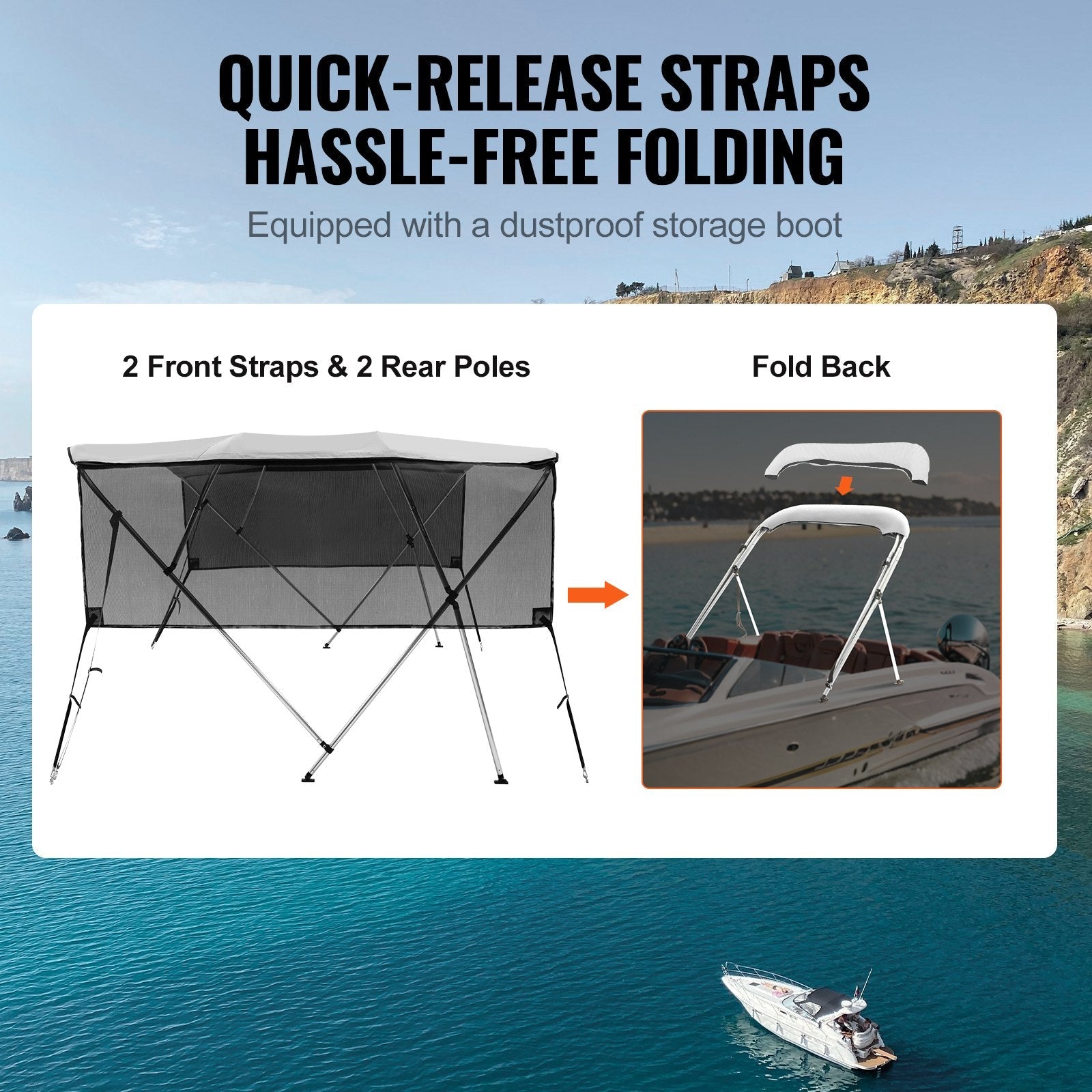 VEVOR 4 Bow Bimini Top Boat Cover, Detachable Mesh Sidewalls, 600D Polyester Canopy with 1" Aluminum Alloy Frame, Includes Storage Boot, 2 Support Poles, 2 Straps, 8'L x 54"H x 85"-90"W, Light Grey