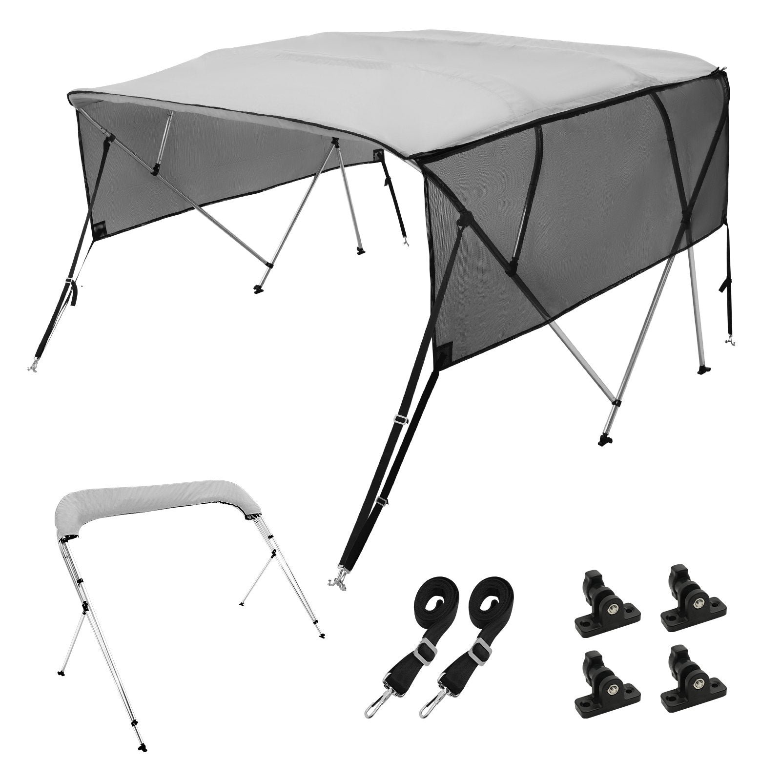 VEVOR 4 Bow Bimini Top Boat Cover, Detachable Mesh Sidewalls, 600D Polyester Canopy with 1" Aluminum Alloy Frame, Includes Storage Boot, 2 Support Poles, 2 Straps, 8'L x 54"H x 85"-90"W, Light Grey