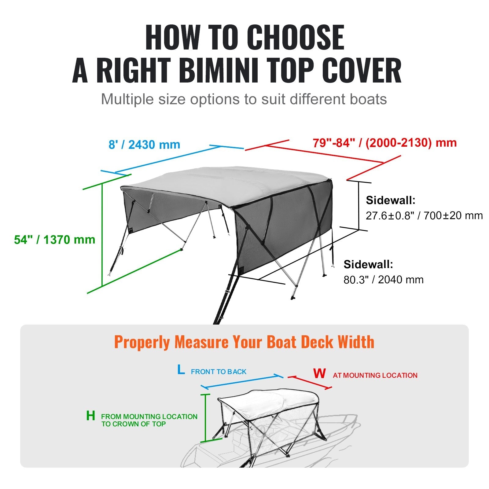 VEVOR 4 Bow Bimini Top Boat Cover, Detachable Mesh Sidewalls, 600D Polyester Canopy with 1" Aluminum Alloy Frame, Includes Storage Boot, 2 Support Poles, 2 Straps, 8'L x 54"H x 79"-84"W, Light Grey