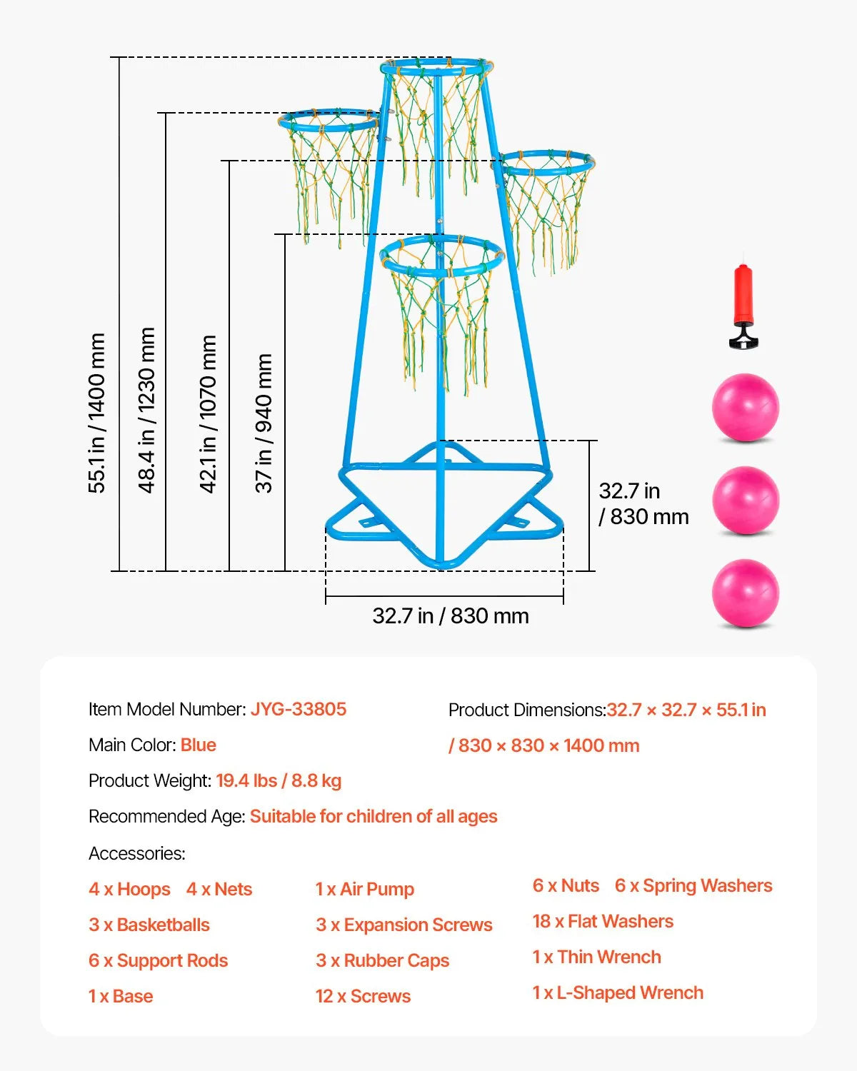Kids Adjustable Basketball Hoop Set | 4-Hoop Portable Basketball Stand with 3 Balls, Indoor & Outdoor, Blue