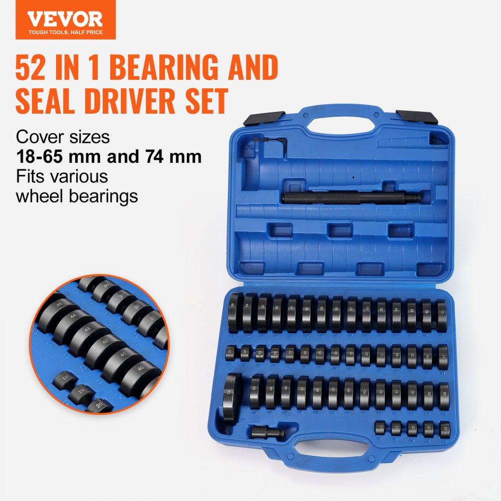 VEVOR 52PCS Custom Bushing Bearing & Seal Driver Set, Transmission Wheel Axle Bearing Race, Seal Driver Installer Remover, 18-65mm & 74mm Metric Discs Bush Removal Puller Bearing Press Tool Kit