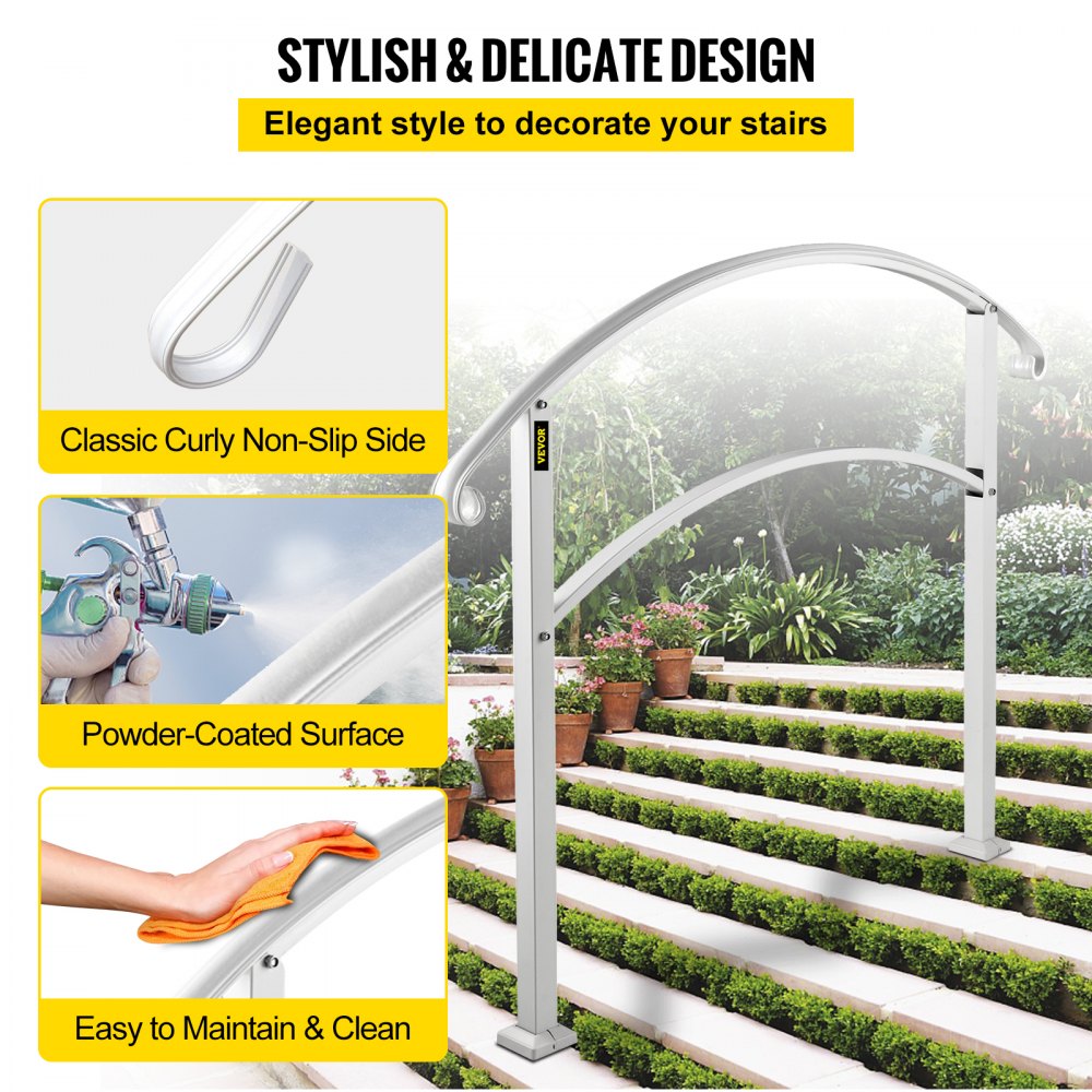 VEVOR Handrails for Outdoor Steps, Fit 1 or 5 Steps Outdoor Stair Railing, White Wrought Iron Handrail, Flexible Front Porch Hand Rail, Transitional Handrails for Concrete Steps or Wooden Stairs