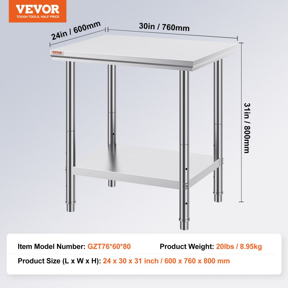 VEVOR Stainless Steel Work Table 24 x 30 x 32 Inch Commercial Food Prep Worktable for Home, Kitchen, Restaurant Metal Prep Table with Adjustable Feet
