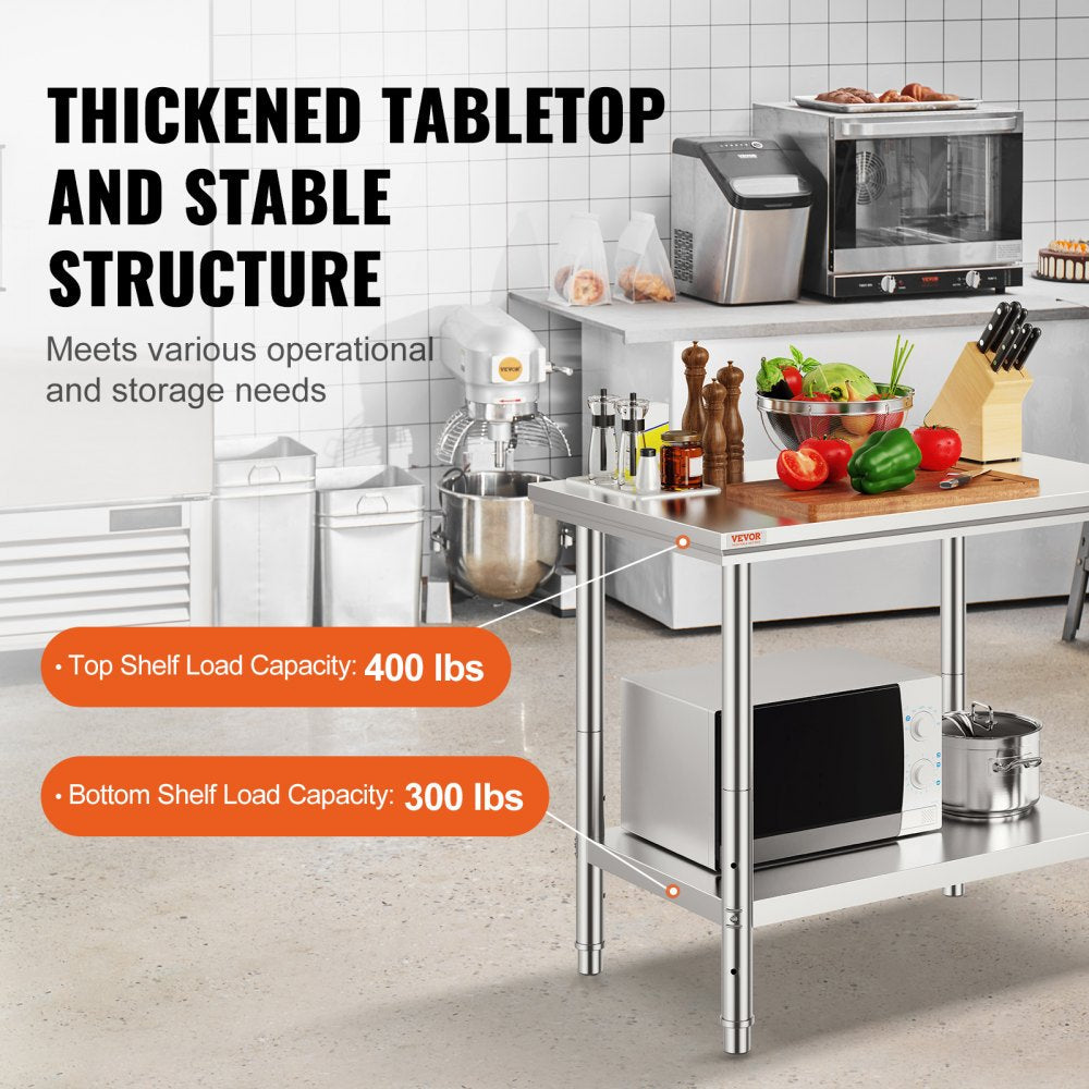 VEVOR Stainless Steel Work Table 24 x 36 x 32 Inch Commercial Kitchen Prep & Work Table Heavy Duty Prep Worktable Metal Work Table with Adjustable Feet for Restaurant, Home and Hotel