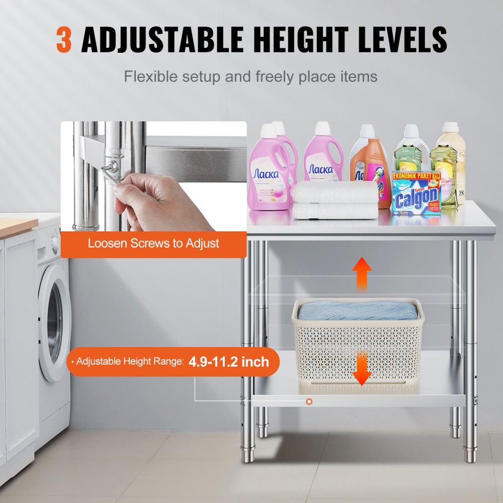 VEVOR Stainless Steel Work Table 24 x 36 x 32 Inch Commercial Kitchen Prep & Work Table Heavy Duty Prep Worktable Metal Work Table with Adjustable Feet for Restaurant, Home and Hotel