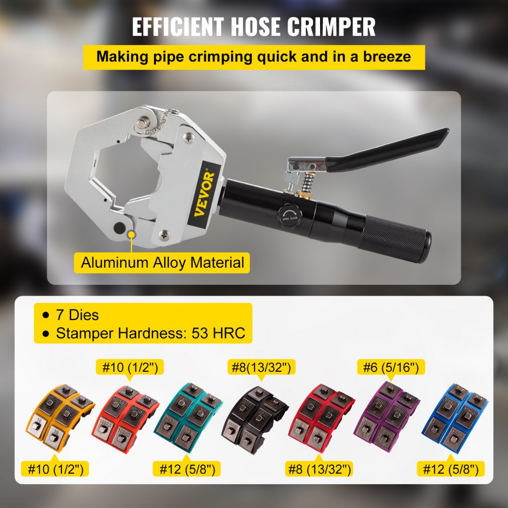 VEVOR Hydraulic Hose Crimper Hydra-Krimp 71500,Manual AC Hose Crimper Kit Air Conditioning Repaire Handheld,Hydraulic Hose Crimping Tool with 7 Die Set, for Barbed and Beaded Hose Fittings