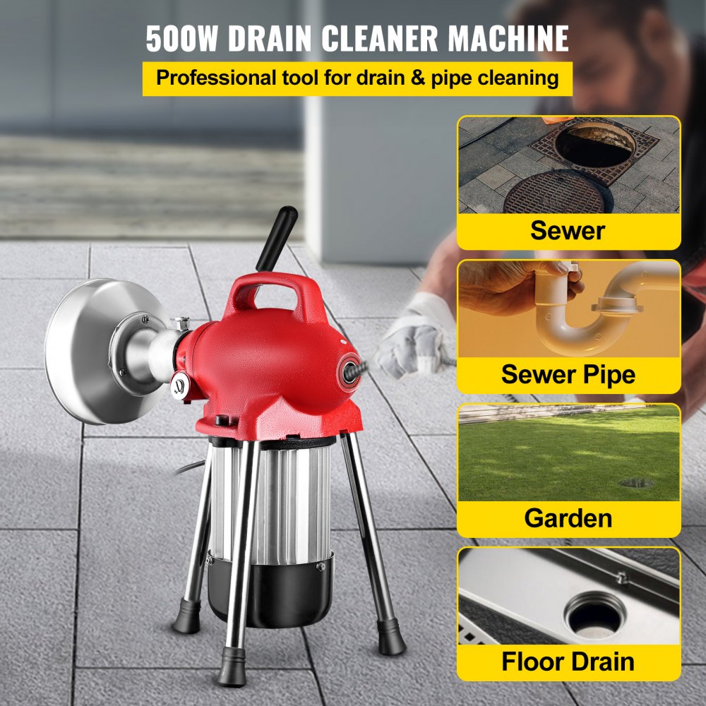 VEVOR Drain Cleaner Machine, 500W 3 Cables, Electric Drain Auger for 3/4\" to 4\" Pipes, Power Spin with Autofeed Function & 6 Cutters, Sewer Snake for Toilet, Sewer, Bathroom, Sink and Shower