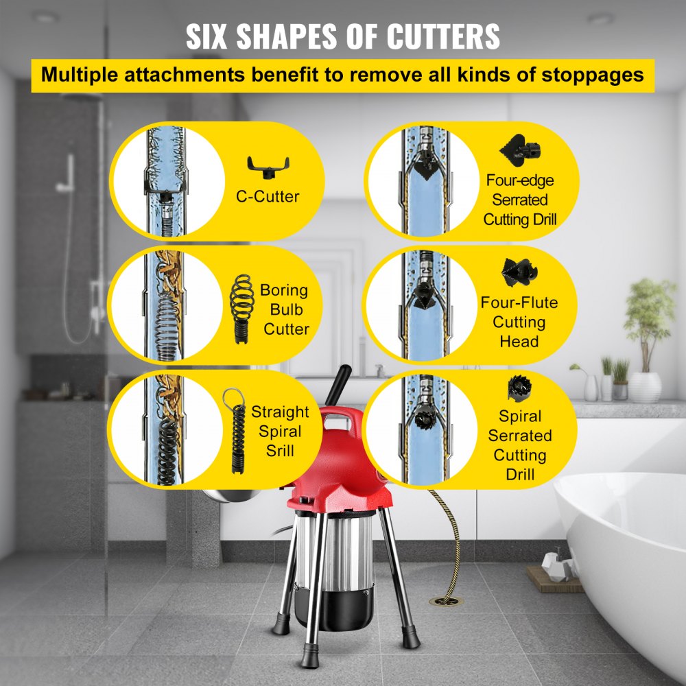 VEVOR Drain Cleaner Machine, 500W 3 Cables, Electric Drain Auger for 3/4\" to 4\" Pipes, Power Spin with Autofeed Function & 6 Cutters, Sewer Snake for Toilet, Sewer, Bathroom, Sink and Shower