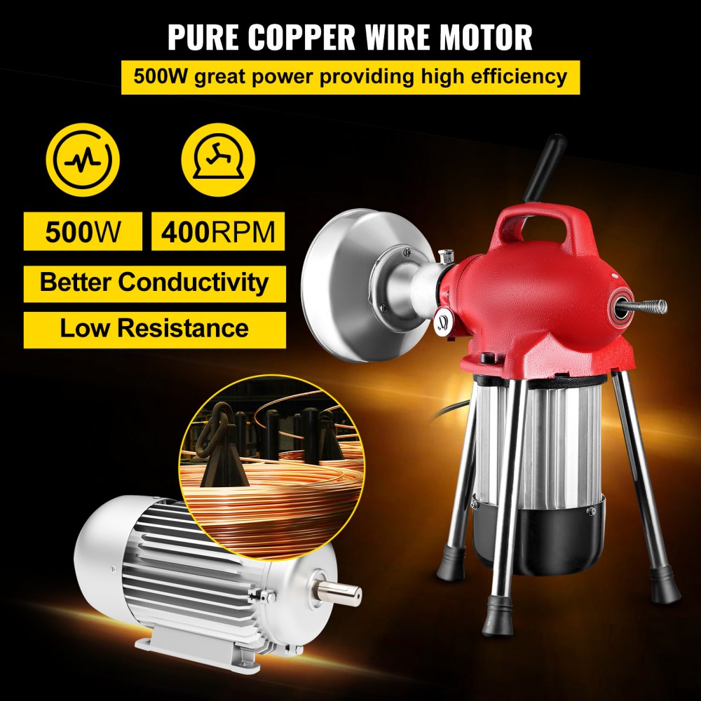VEVOR Drain Cleaner Machine, 500W 3 Cables, Electric Drain Auger for 3/4\" to 4\" Pipes, Power Spin with Autofeed Function & 6 Cutters, Sewer Snake for Toilet, Sewer, Bathroom, Sink and Shower