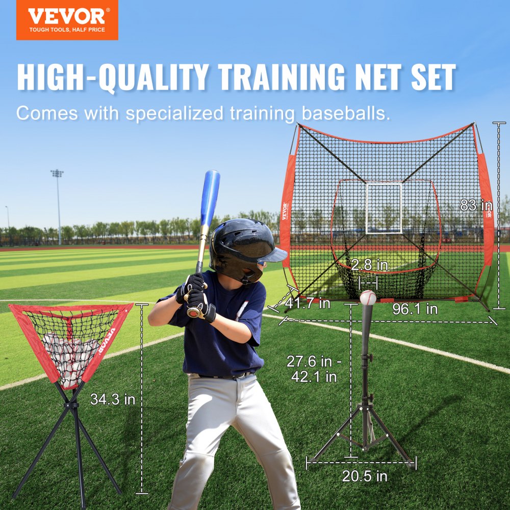 VEVOR 7x7 ft Baseball Softball Practice Net, Portable Baseball Training Net for Hitting Catching Pitching, Backstop Equipment with Bow Frame, Carry Bag, Strike Zone, 12 Balls, Tee, and Ball Collector