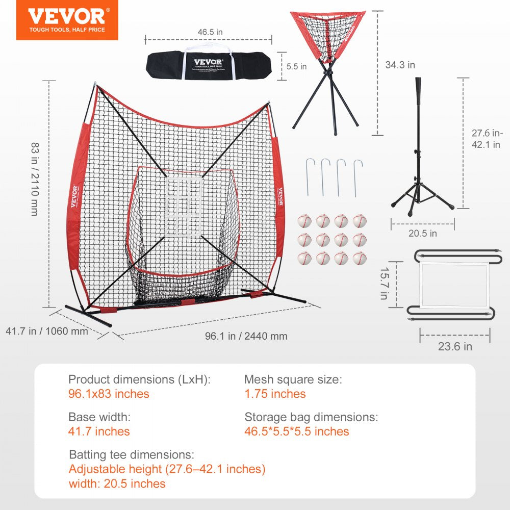 VEVOR 7x7 ft Baseball Softball Practice Net, Portable Baseball Training Net for Hitting Catching Pitching, Backstop Equipment with Bow Frame, Carry Bag, Strike Zone, 12 Balls, Tee, and Ball Collector