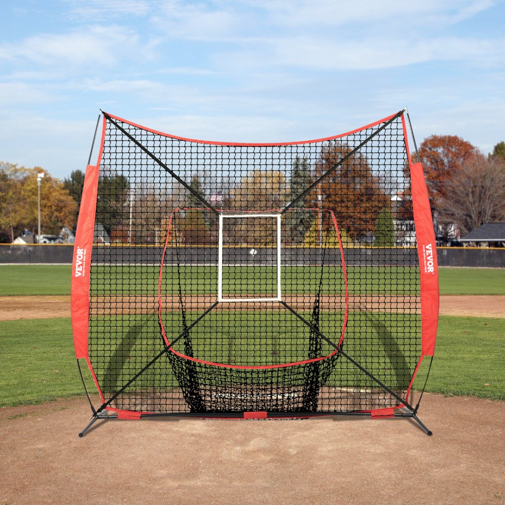 VEVOR 7x7 ft Baseball Softball Practice Net, Portable Baseball Training Net for Hitting Catching Pitching, Backstop Equipment with Bow Frame, Carry Bag, Strike Zone, 12 Balls, Tee, and Ball Collector