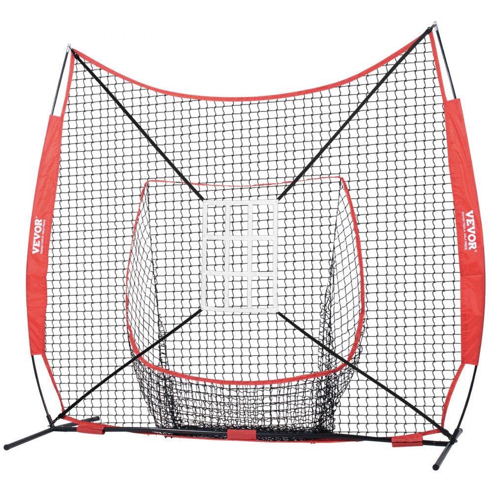 VEVOR 7x7 ft Baseball Softball Practice Net, Portable Baseball Training Net for Hitting Catching Pitching, Backstop Equipment with Bow Frame, Carry Bag, Strike Zone, 12 Balls, Tee, and Ball Collector