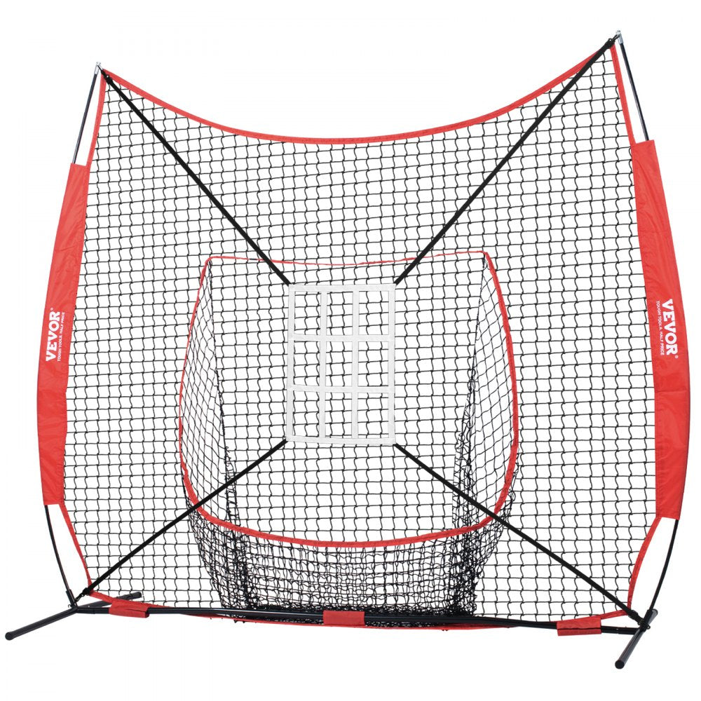 VEVOR 7x7 ft Baseball Softball Practice Net, Portable Baseball Training Net for Hitting Catching Pitching, Backstop Equipment with Bow Frame, Carry Bag, Strike Zone, 12 Balls, Tee, and Ball Collector