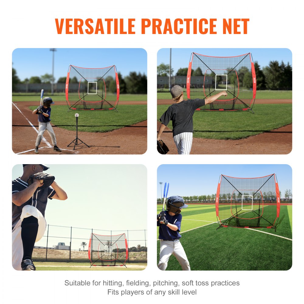 VEVOR 7x7 ft Baseball Softball Practice Net, Portable Baseball Training Net for Hitting Batting Catching Pitching, Backstop Baseball Equipment Training Aids with Strike Zone