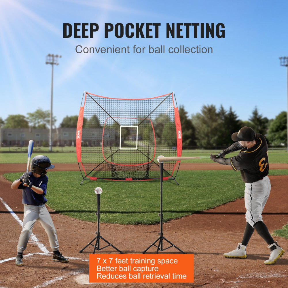VEVOR 7x7 ft Baseball Softball Practice Net, Portable Baseball Training Net for Hitting Batting Catching Pitching, Backstop Baseball Equipment Training Aids with Strike Zone