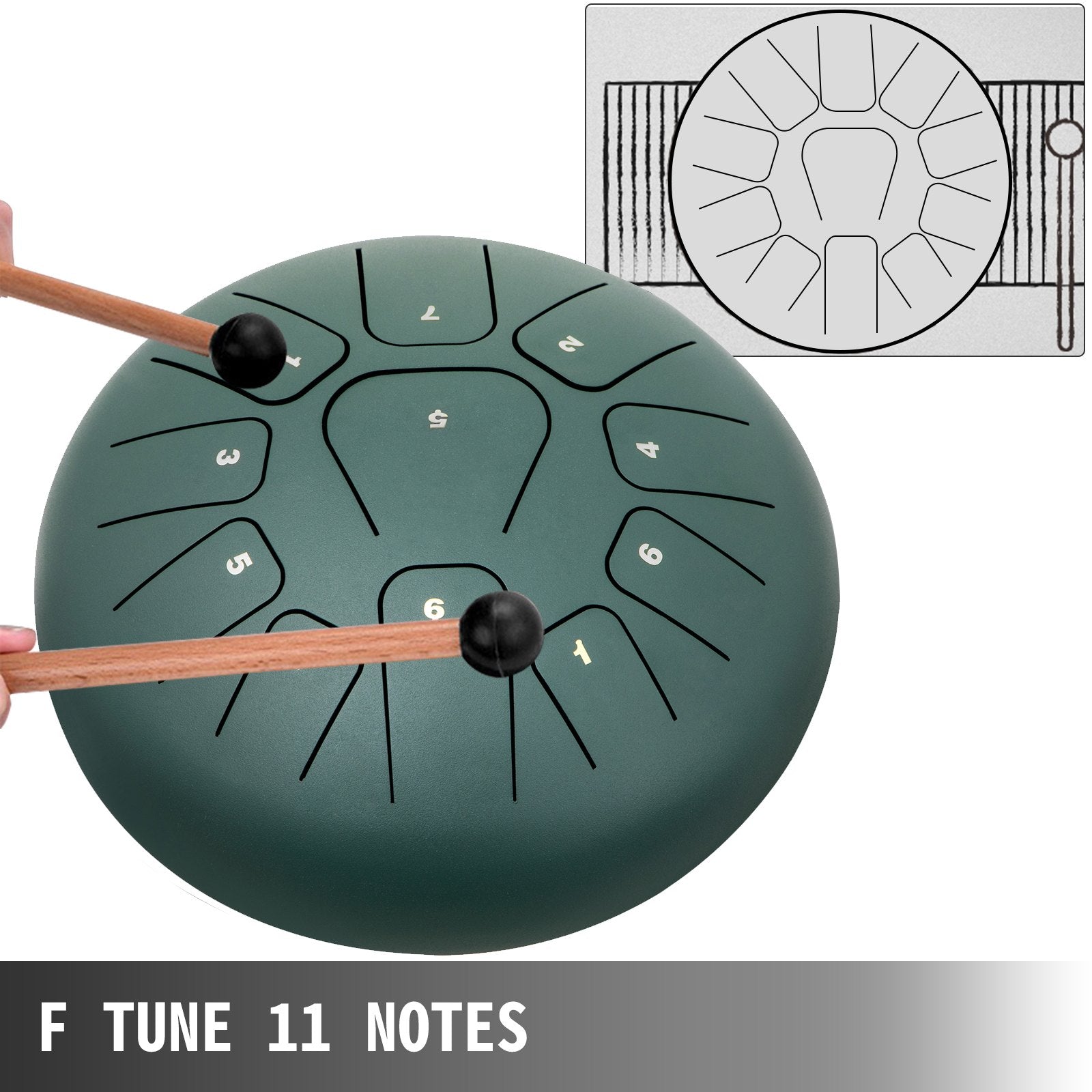 VEVOR Steel Tongue Drum 11 Notes 8 Inches Dia Tongue Drum Mineral Green Handpan Drum Notes Percussion Instrument Steel Drums Instruments with Bag, Music Book, Mallets, Mallet Bracket