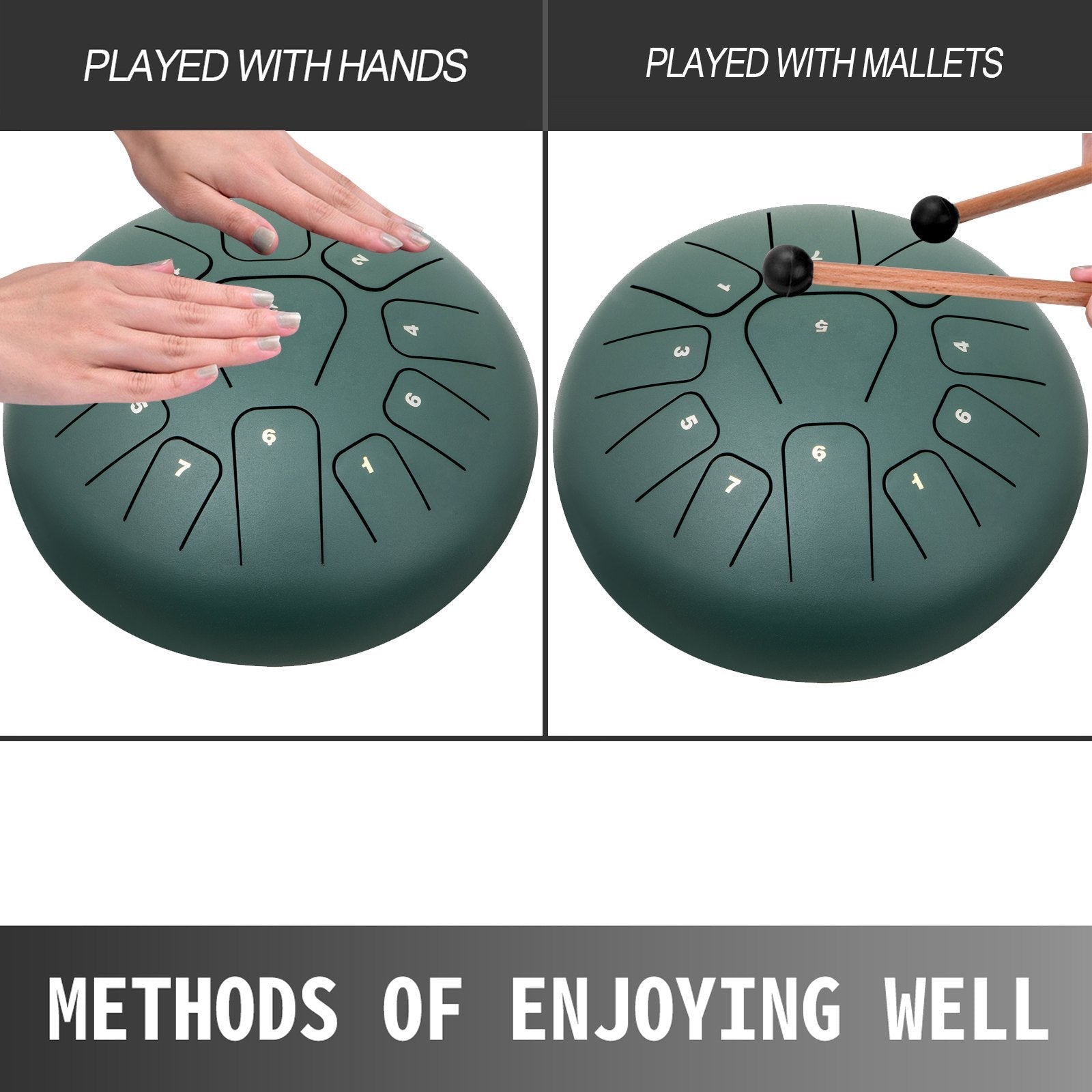 VEVOR Steel Tongue Drum 11 Notes 8 Inches Dia Tongue Drum Mineral Green Handpan Drum Notes Percussion Instrument Steel Drums Instruments with Bag, Music Book, Mallets, Mallet Bracket
