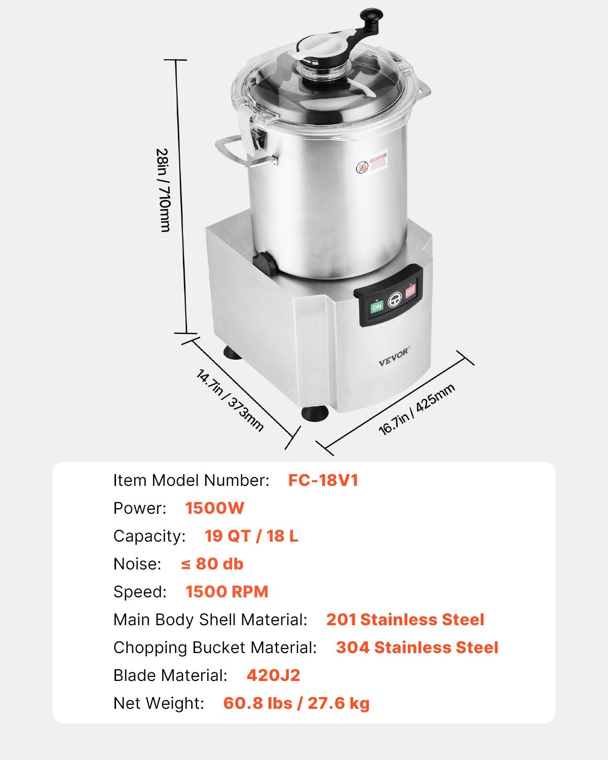 VEVOR Food Processor Vegetable Chopper 19Qt Food-Grade Stainless Steel Blender