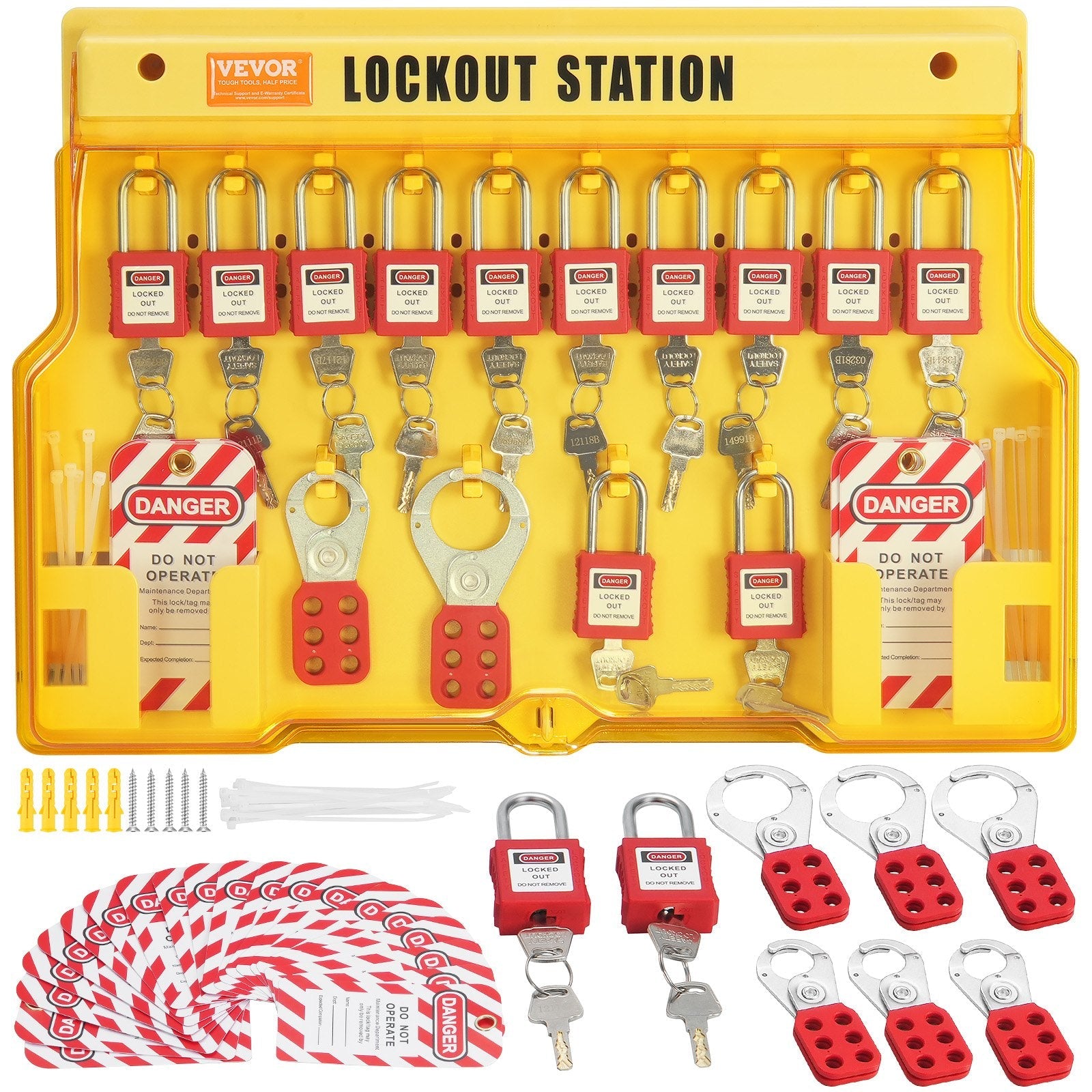 VEVOR Electrical Lockout Tagout Kit, 60 PCS Safety Lockout Tagout Station Includes Padlocks, Hasps, Tags, Nylon Ties, Expansion Kit, and Lockout Station Board, for Industrial, Electric Power
