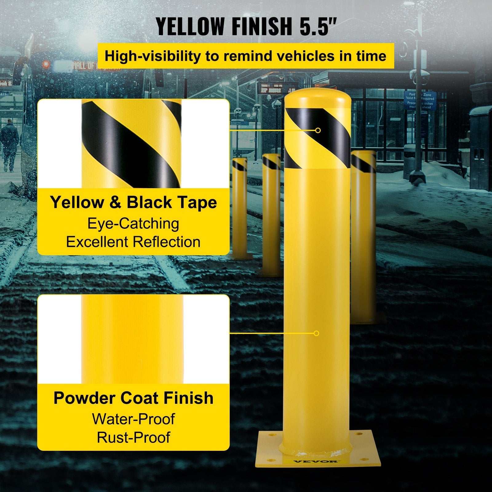 VEVOR Safety Bollard 42-4.5 Safety Barrier Bollard 4-1/2" OD 42" Height Yellow Powder Coat Pipe Steel Safety Barrier with 4 Free Anchor Bolts for Traffic-Sensitive Area