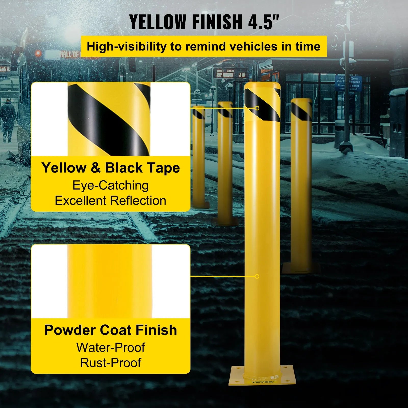 VEVOR Safety Bollard 48-4.5 Safety Barrier Bollard 4-1/2" OD 48" Height Yellow Powder Coat Pipe Steel Safety Barrier with 4 Free Anchor Bolts for Traffic-Sensitive Area