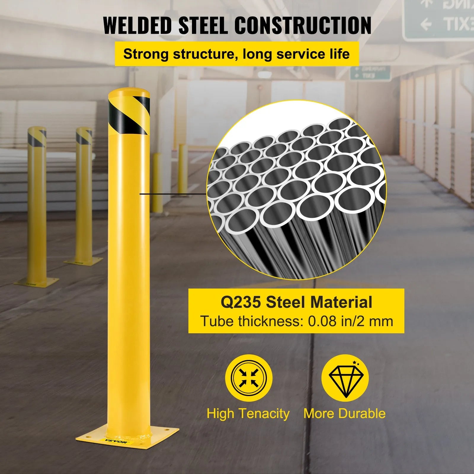 VEVOR Safety Bollard 48-5.5, Safety Barrier Bollard 5-1/2\" OD 48\" Height, Yellow Powder Coat Pipe Steel Safety Barrier, with 4 Free Anchor Bolts, for Traffic-Sensitive Area