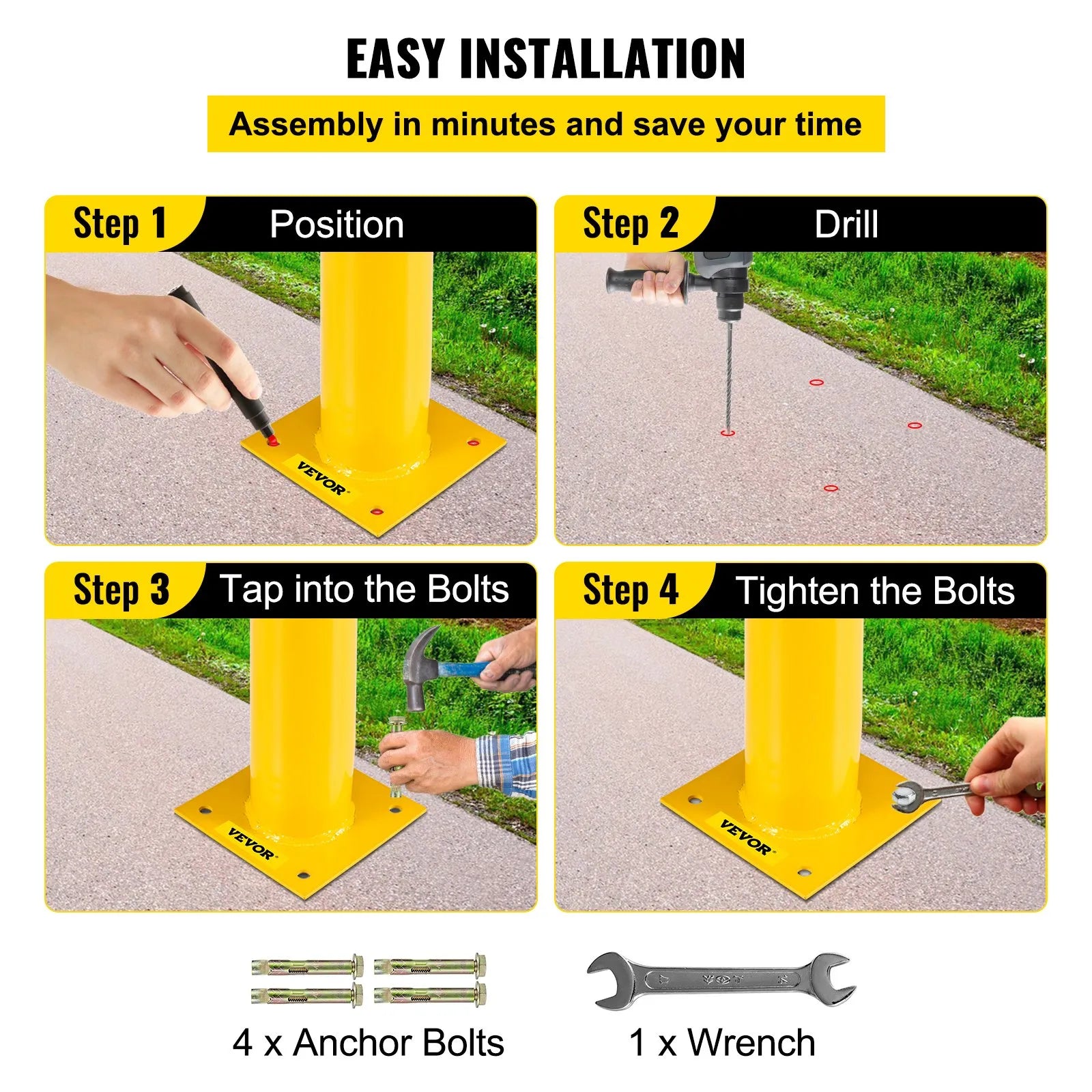 VEVOR Safety Bollard 48-5.5, Safety Barrier Bollard 5-1/2\" OD 48\" Height, Yellow Powder Coat Pipe Steel Safety Barrier, with 4 Free Anchor Bolts, for Traffic-Sensitive Area