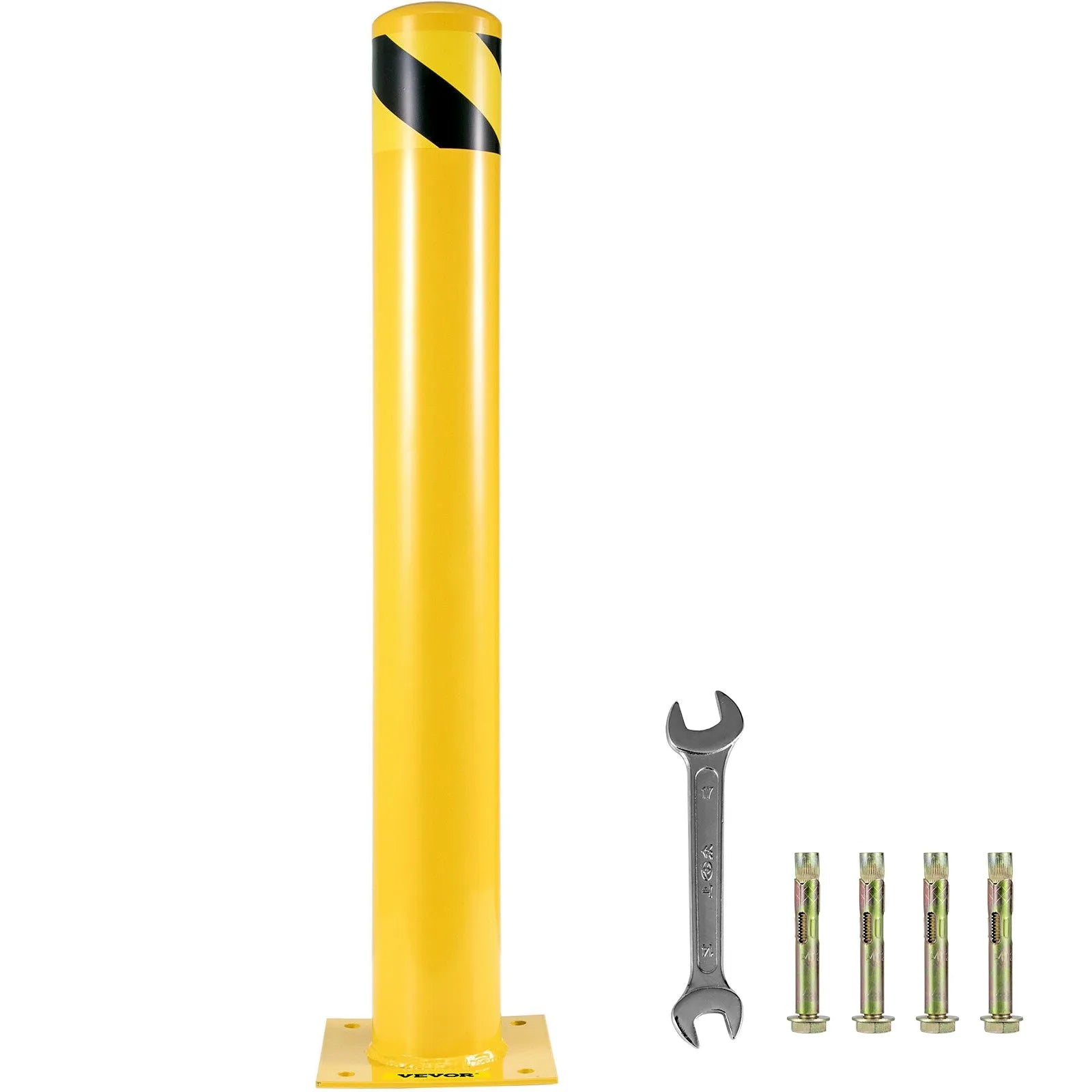 VEVOR Safety Bollard 48-5.5, Safety Barrier Bollard 5-1/2\" OD 48\" Height, Yellow Powder Coat Pipe Steel Safety Barrier, with 4 Free Anchor Bolts, for Traffic-Sensitive Area