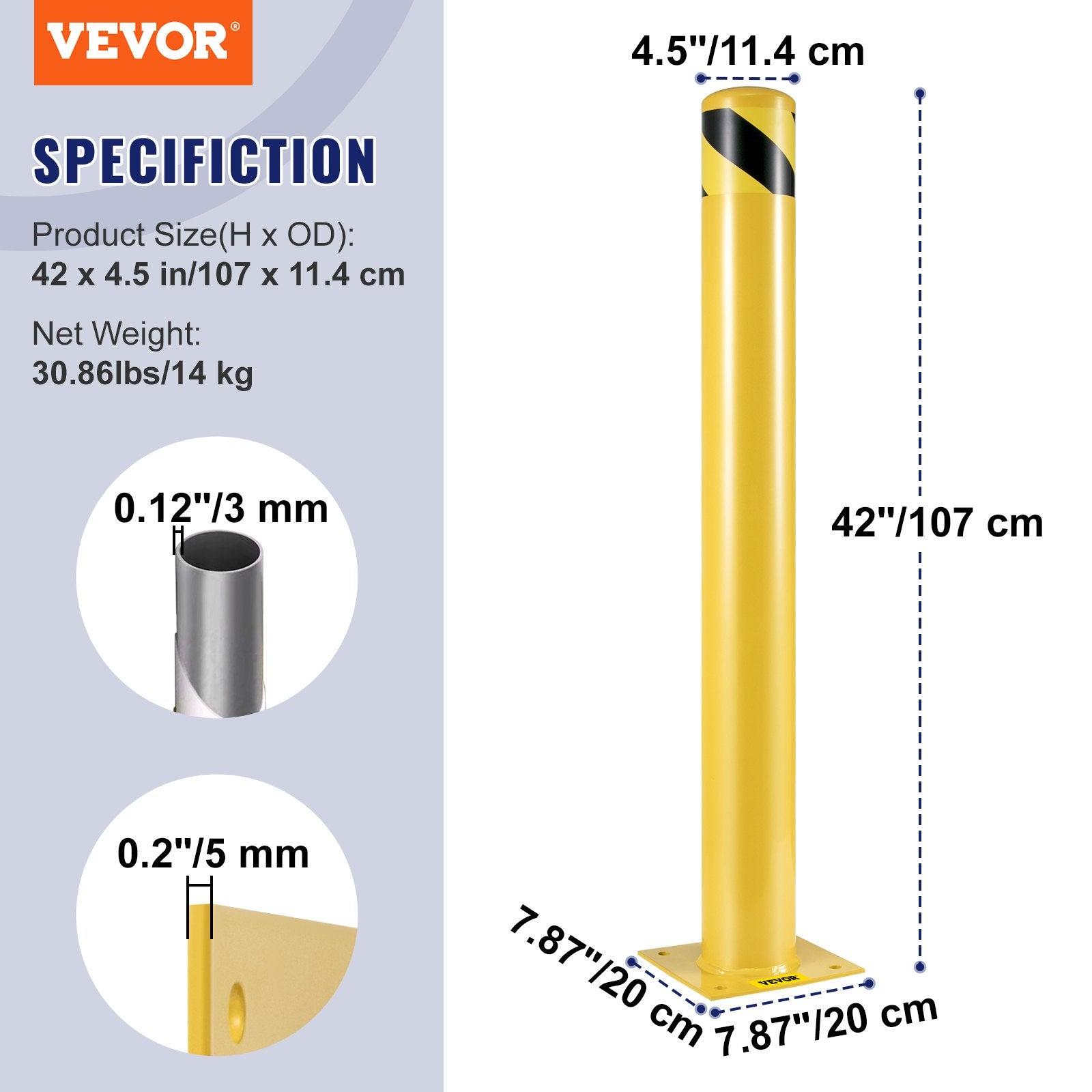 VEVOR Safety Bollard Steel Bollard Post Yellow Pipe Steel Barrier 42