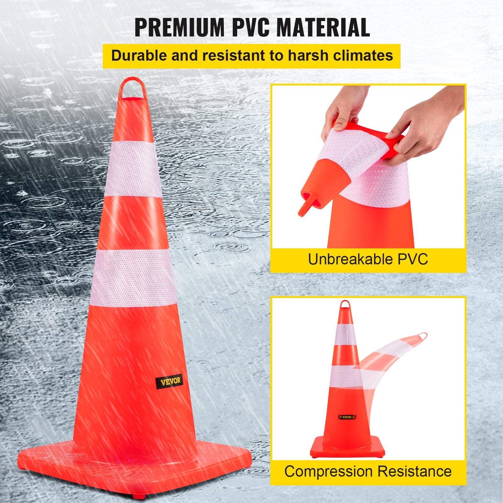 VEVOR Safety Cones Traffic Cones 6 x 28" Orange Reflective Collars Road Cones
