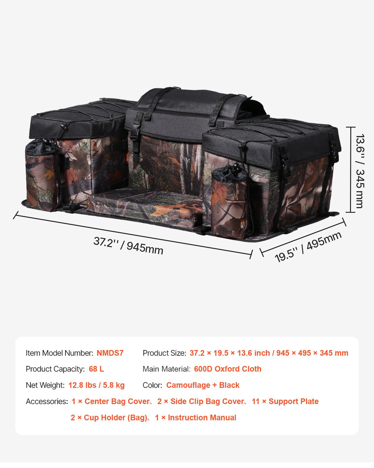 VEVOR 68L ATV Rear Storage Bag 600D Oxford Cloth Rear Cargo Bag & Sponge Cushion