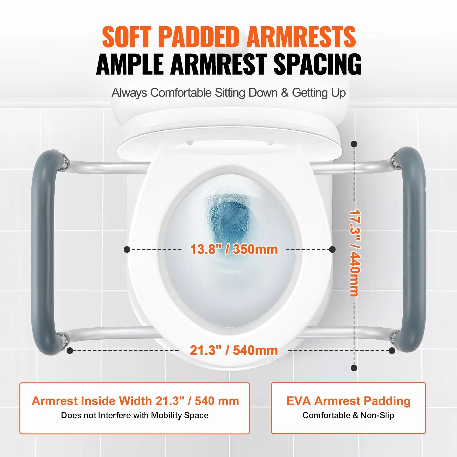VEVOR Raised Toilet Seat, 3.5" Height Raised, 300 lbs Weight Capacity, for Standard Round Toilet, Aluminum Handrail, with EVA Armrest Padding, for Elderly, Handicap, Patient, Pregnant, Medical