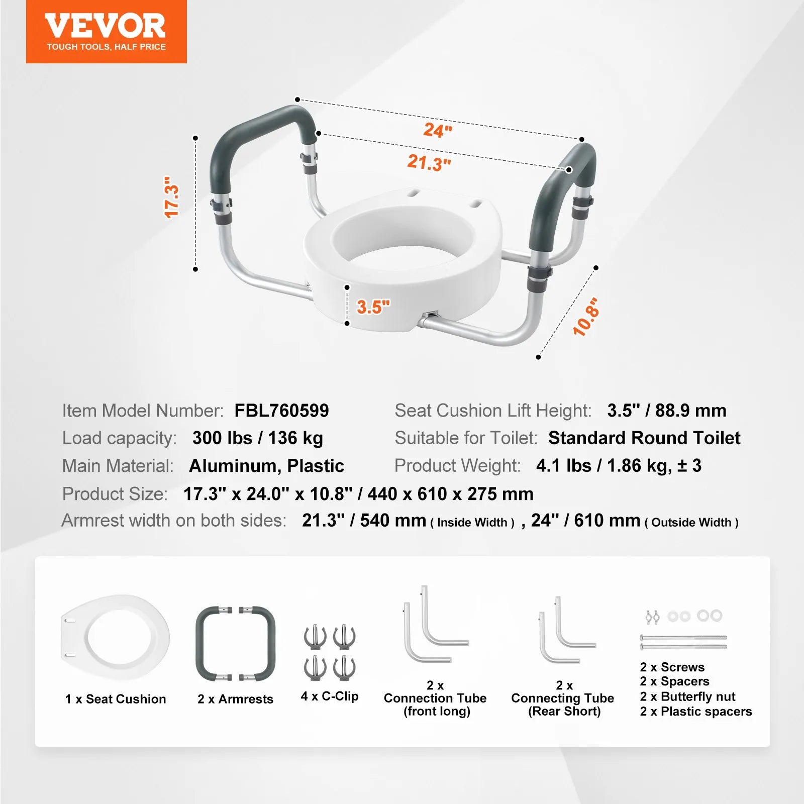 VEVOR Raised Toilet Seat, 3.5" Height Raised, 300 lbs Weight Capacity, for Standard Round Toilet, Aluminum Handrail, with EVA Armrest Padding, for Elderly, Handicap, Patient, Pregnant, Medical