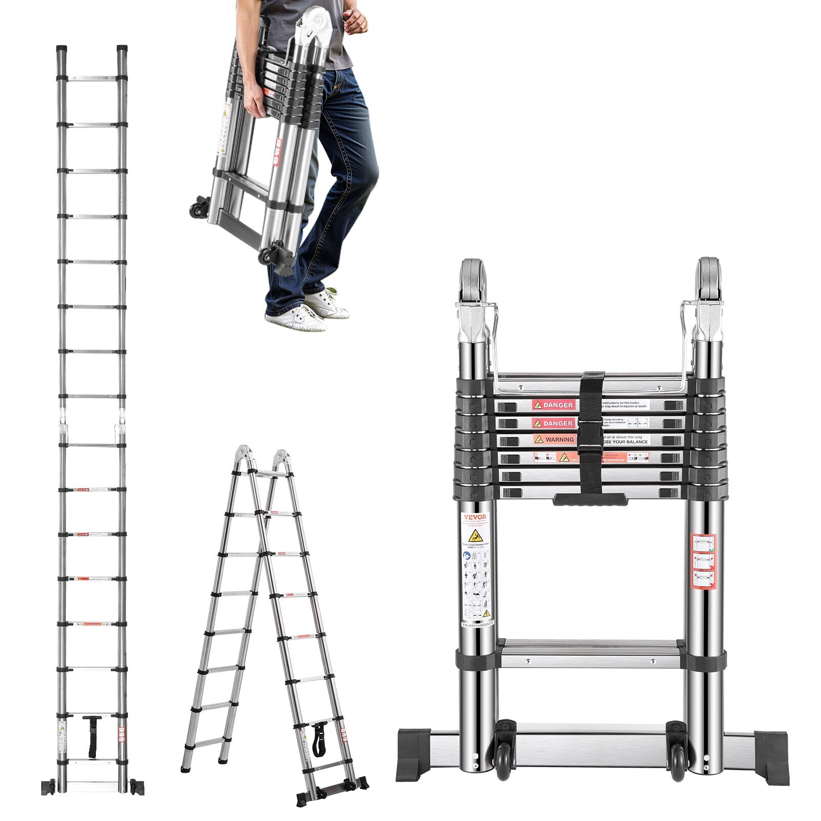 VEVOR Telescoping Ladder A-Frame Stainless Steel 16.5 ft Extension Ladders