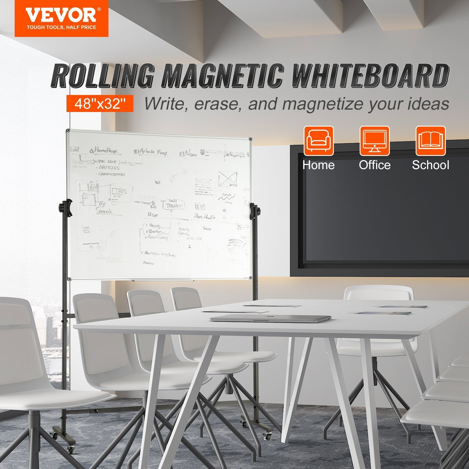 VEVOR Rolling Whiteboard, 48x32 inch Double-Sided Magnetic Mobile Whiteboard, 360° Reversible Adjustable Height Dry Erase Board with Wheels & Movable Tray for Office School