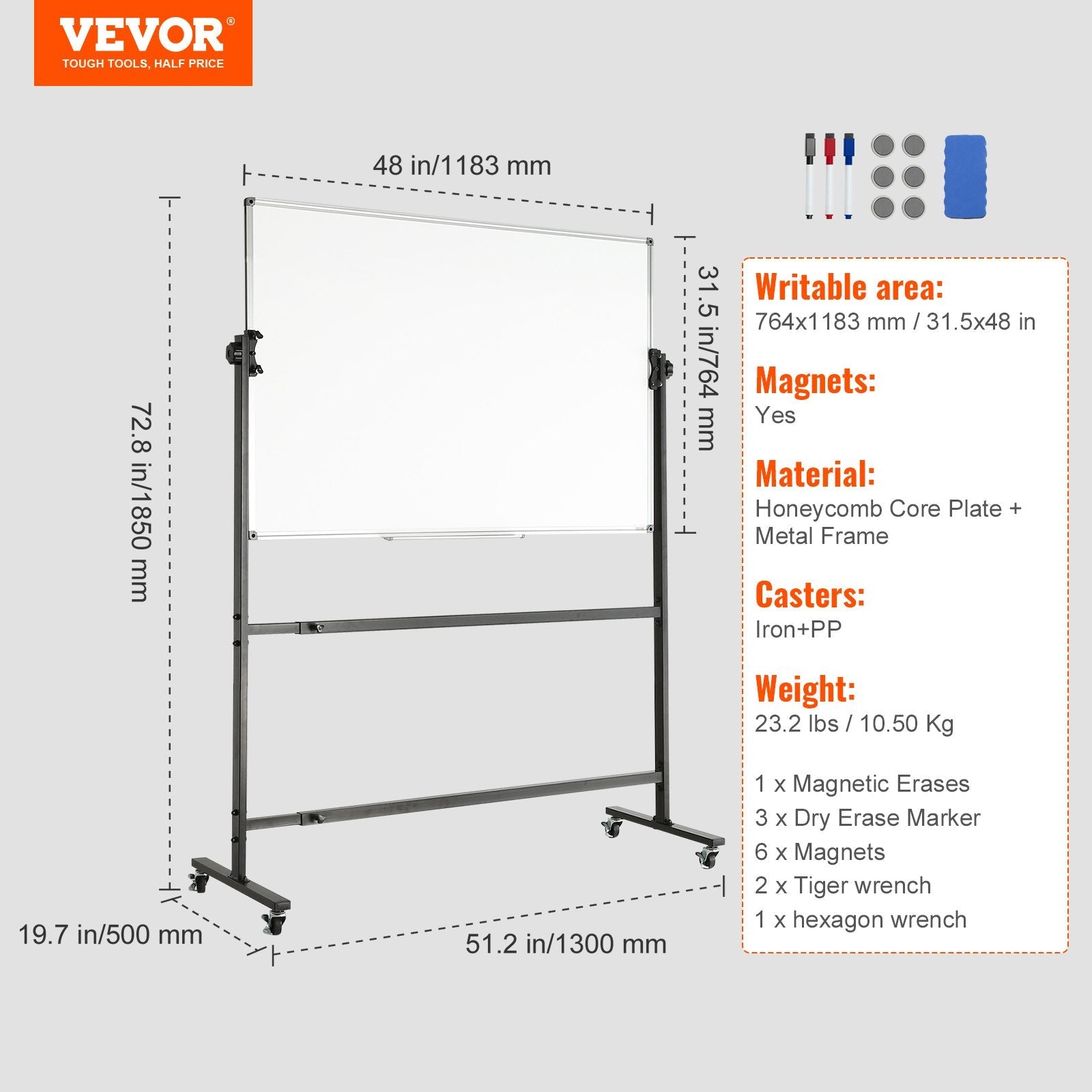 VEVOR Rolling Whiteboard, 48x32 inch Double-Sided Magnetic Mobile Whiteboard, 360° Reversible Adjustable Height Dry Erase Board with Wheels & Movable Tray for Office School