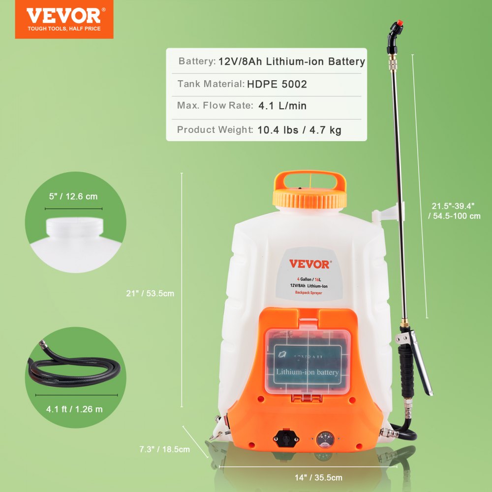 VEVOR Battery Powered Backpack Sprayer 4 Gal Tank 0-90 PSI Adjustable Pressure