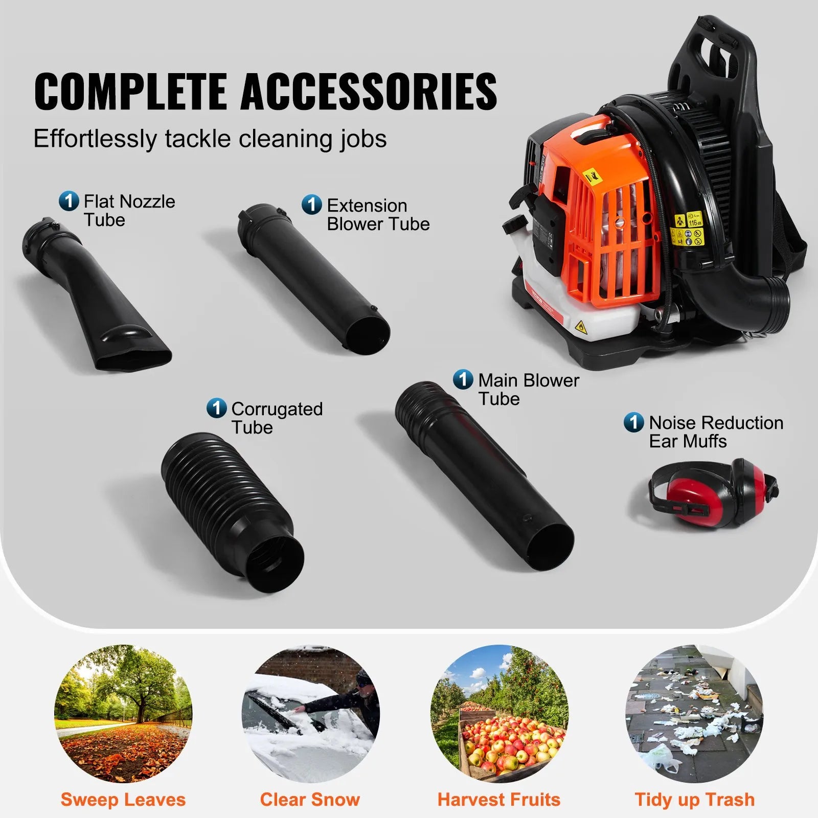 VEVOR Backpack Leaf Blower, 52CC 2-Cycle Gas Leaf Blower with 1.37L Fuel Tank, 480CFM Air Volume 175MPH Speed, Ideal for Lawn Care, Leaf Cleaning, and Snow Removal